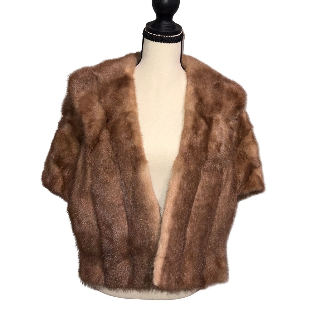 Vintage 60s Old Hollywood Bridal Mink Fur Stole Wrap Women OS Brown